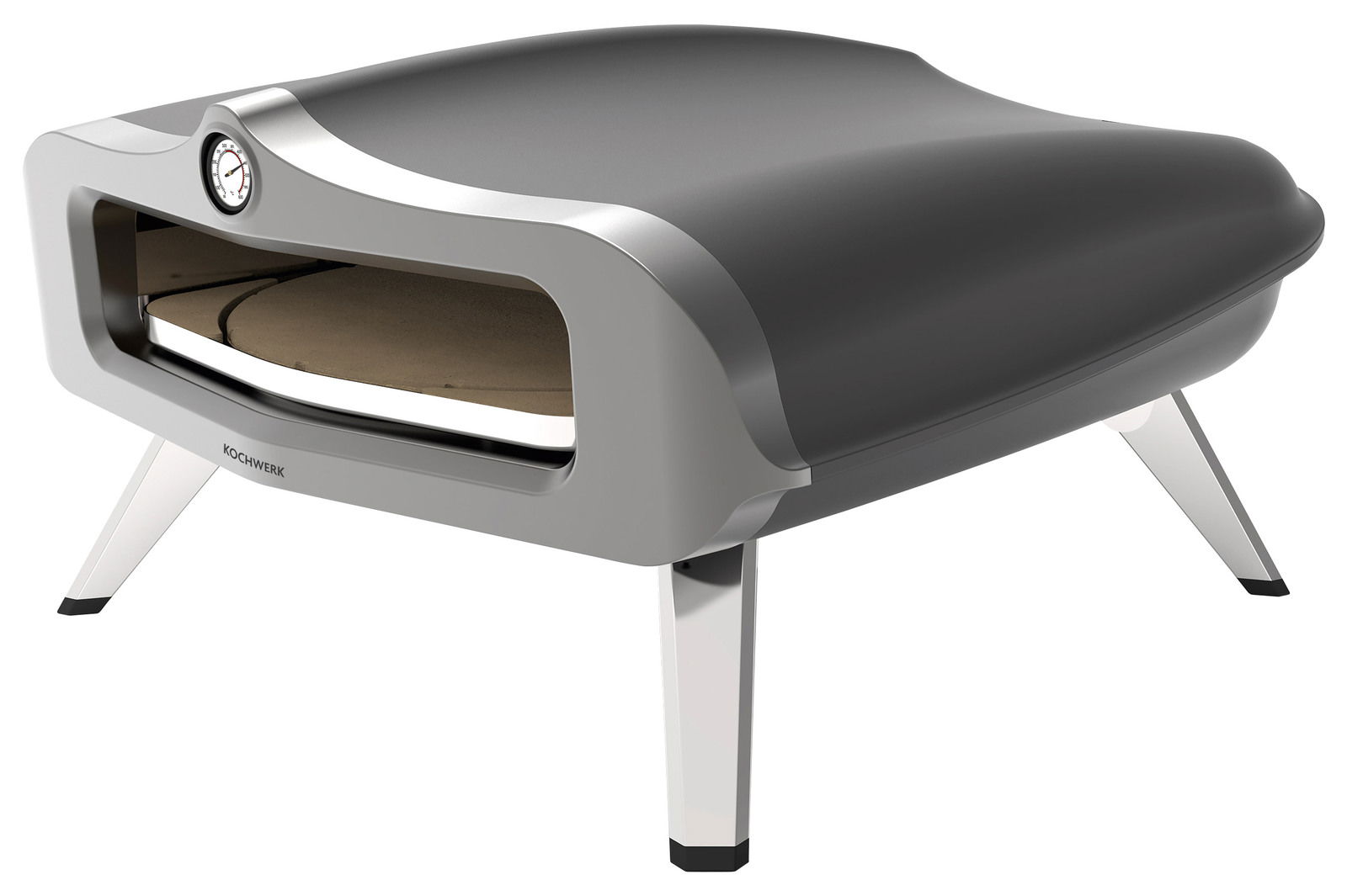 Moderner Gas-Pizzaofen mit Thermometer, seitliche Perspektive