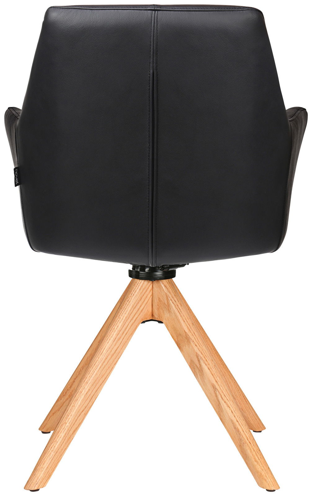 Rückansicht eines schwarzen Armlehnstuhls mit Holzbeinen