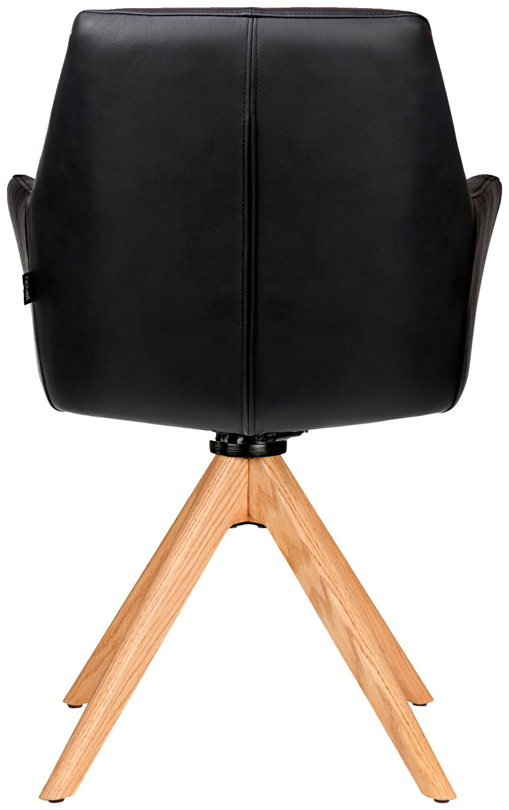 Achterkant van een zwarte fauteuil met houten poten