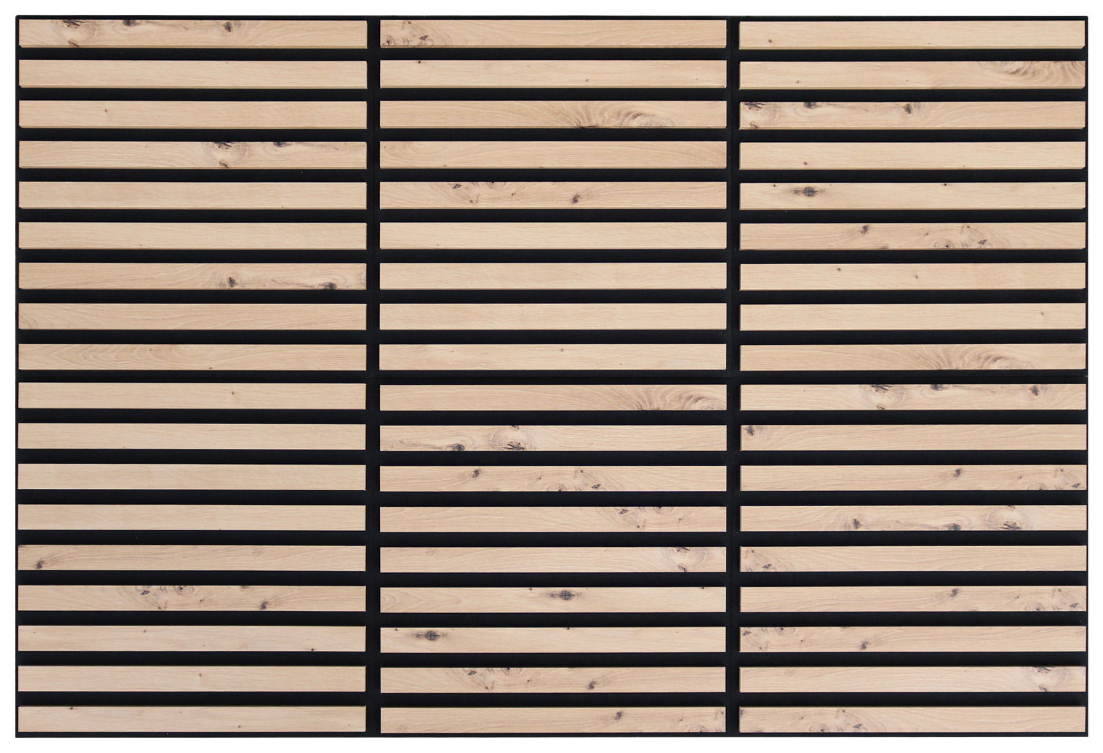 Dekoratives Paneel mit horizontalen Holzlatten und schwarzen Zwischenräumen, frontale Ansicht.
