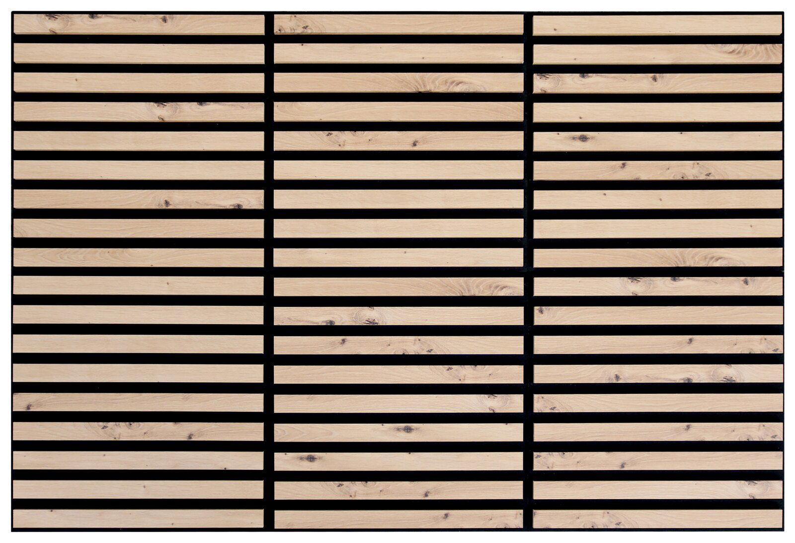 Dekoratives Paneel mit horizontalen Holzlatten und schwarzen Zwischenräumen, frontale Ansicht.