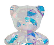Vorderansicht einer LED-Dekoleuchte in Form eines Bären mit facettenreicher, schillernder Oberfläche in verschiedenen Farben.