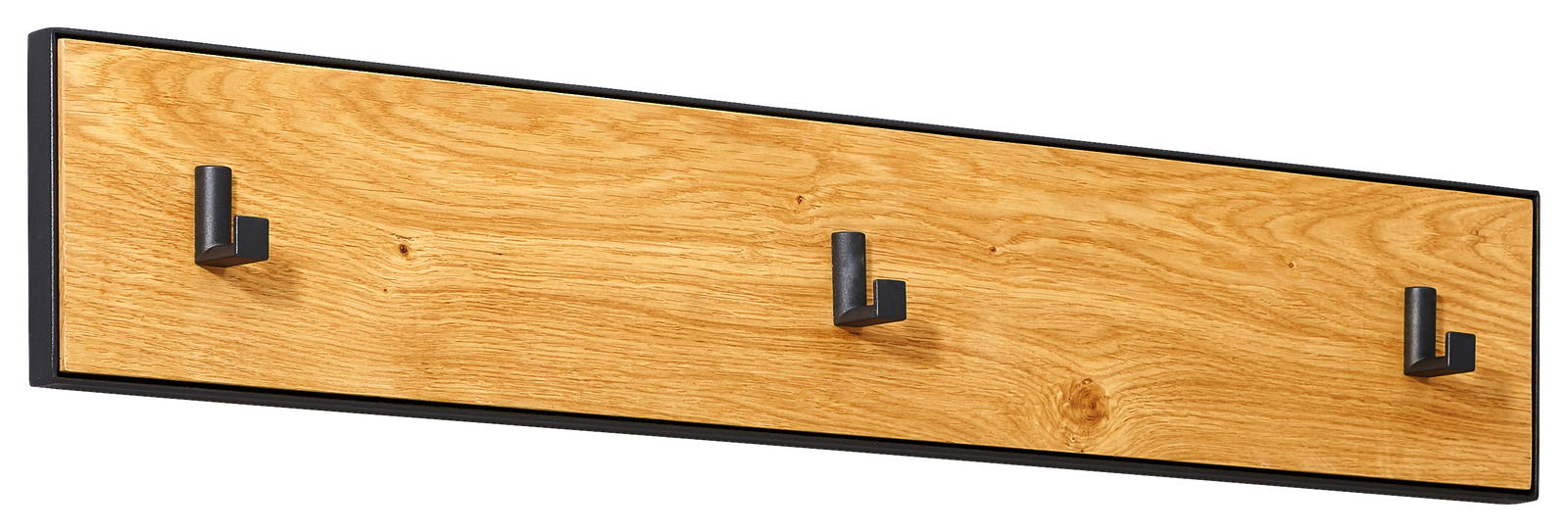 Hakenleiste aus Holz mit drei schwarzen Haken, seitliche Perspektive