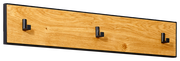 Hakenleiste aus Holz mit drei schwarzen Haken, seitliche Perspektive