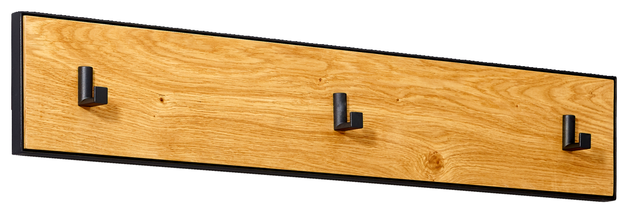 Hakenleiste aus Holz mit drei schwarzen Haken, seitliche Perspektive