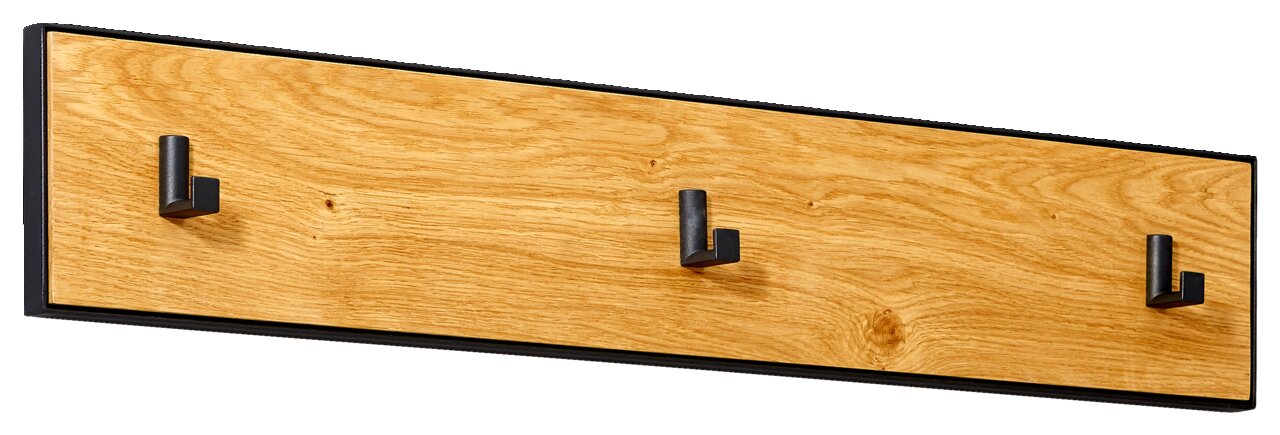 Houten hakenrek met drie zwarte haken, zijaanzicht