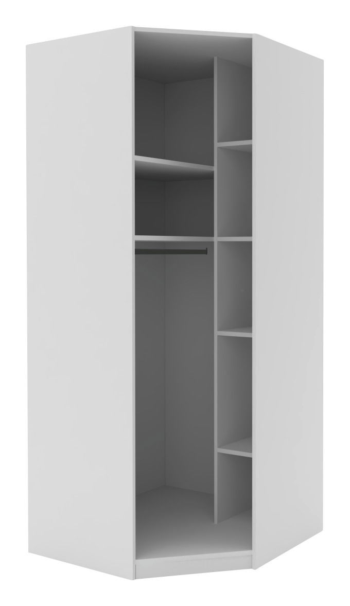 Hom´in Eckschrank Korpus UNIT Eckschrank Korpus 210 in weißer Farbe, offene Frontansicht mit mehreren Regalfächern und Kleiderstange