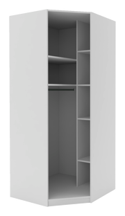 Eckschrank Korpus 210 in weißer Farbe, offene Frontansicht mit mehreren Regalfächern und Kleiderstange
