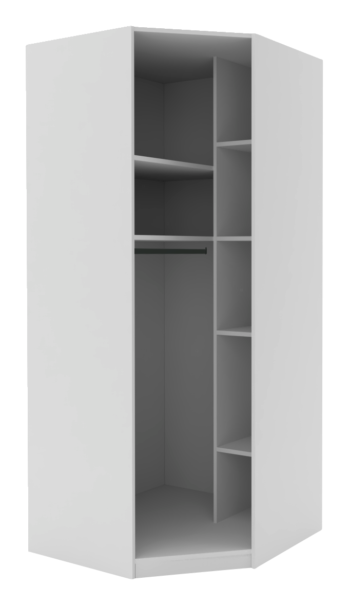 Eckschrank Korpus 210 in weißer Farbe, offene Frontansicht mit mehreren Regalfächern und Kleiderstange