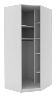 Hoekkast met een diepte van 210 cm in de kleur wit, open voorkant met meerdere legplanken en een kledingstang