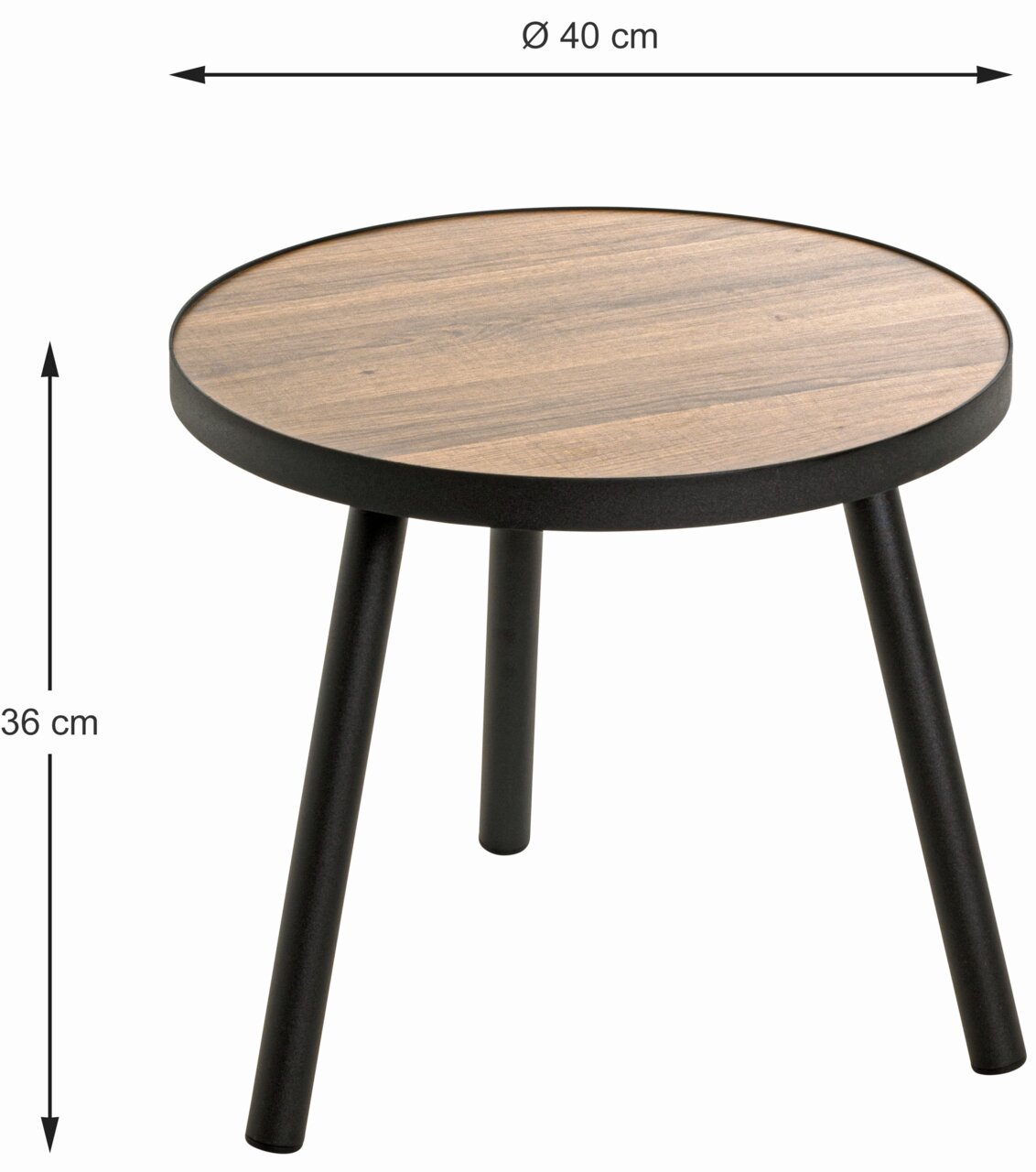 Runder Beistelltisch mit einem Durchmesser von 40 cm und einer Höhe von 36 cm, aus Holz mit schwarzen Beinen, seitliche Perspektive.