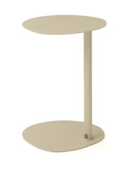 Moderner Beistelltisch in Beige mit ovaler Tischplatte und stabiler Säule, seitliche Perspektive