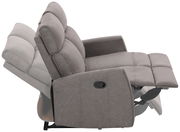 Seitliche Ansicht eines grauen 2-Sitzer-Sofas mit verstellbarer Rückenlehne und Fußstütze in Liegeposition.