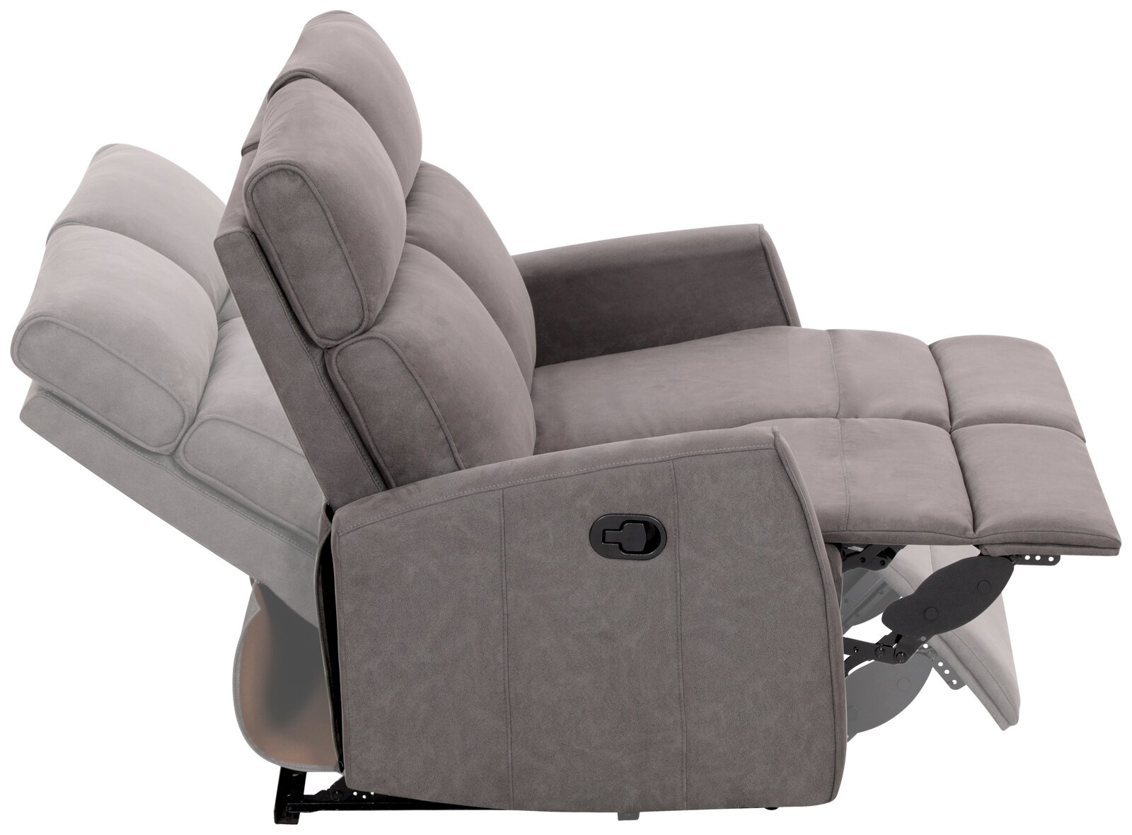 Seitliche Ansicht eines grauen 2-Sitzer-Sofas mit verstellbarer Rückenlehne und Fußstütze in Liegeposition.