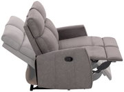 Seitliche Ansicht eines grauen 2-Sitzer-Sofas mit verstellbarer Rückenlehne und Fußstütze in Liegeposition.
