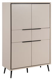 Modernes Highboard mit sechs Türen in Beige, schwarze Griffe und Beine, seitliche Perspektive