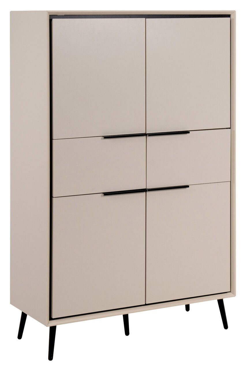 Modernes Highboard mit sechs Türen in Beige, schwarze Griffe und Beine, seitliche Perspektive
