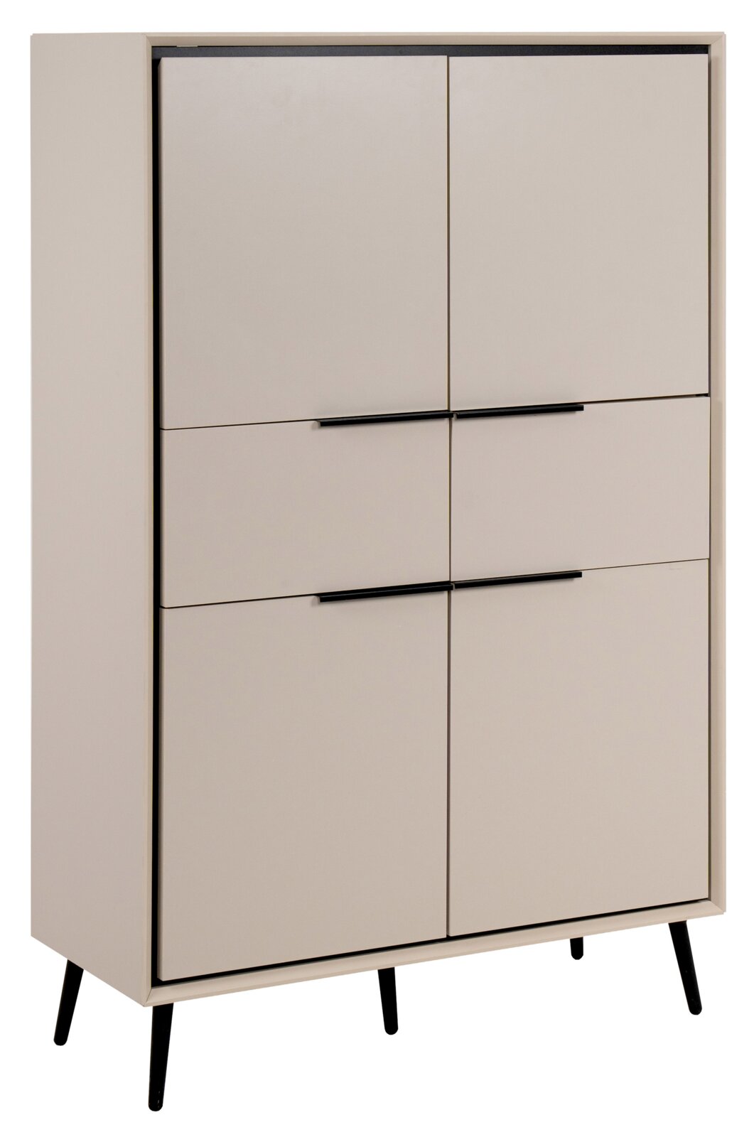 Z2 Hoogkast ARONA Modernes Highboard mit sechs Türen in Beige, schwarze Griffe und Beine, seitliche Perspektive