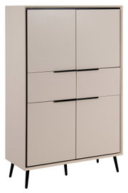Modernes Highboard mit sechs Türen in Beige, schwarze Griffe und Beine, seitliche Perspektive