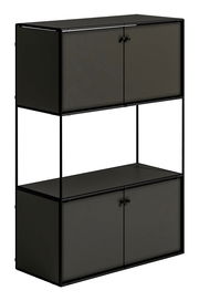 Schwarzes Highboard mit zwei Ebenen und vier Türen, seitliche Perspektive