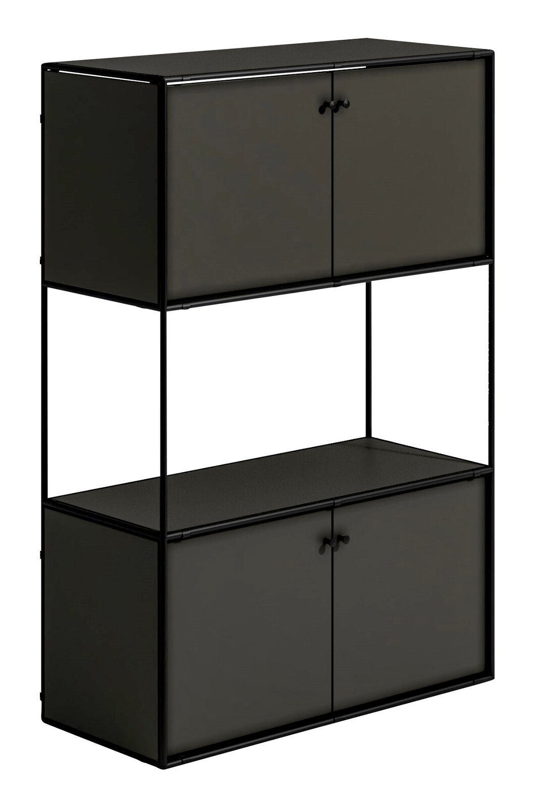 Schwarzes Highboard mit zwei Ebenen und vier Türen, seitliche Perspektive