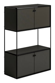 Schwarzes Highboard mit zwei Ebenen und vier Türen, seitliche Perspektive