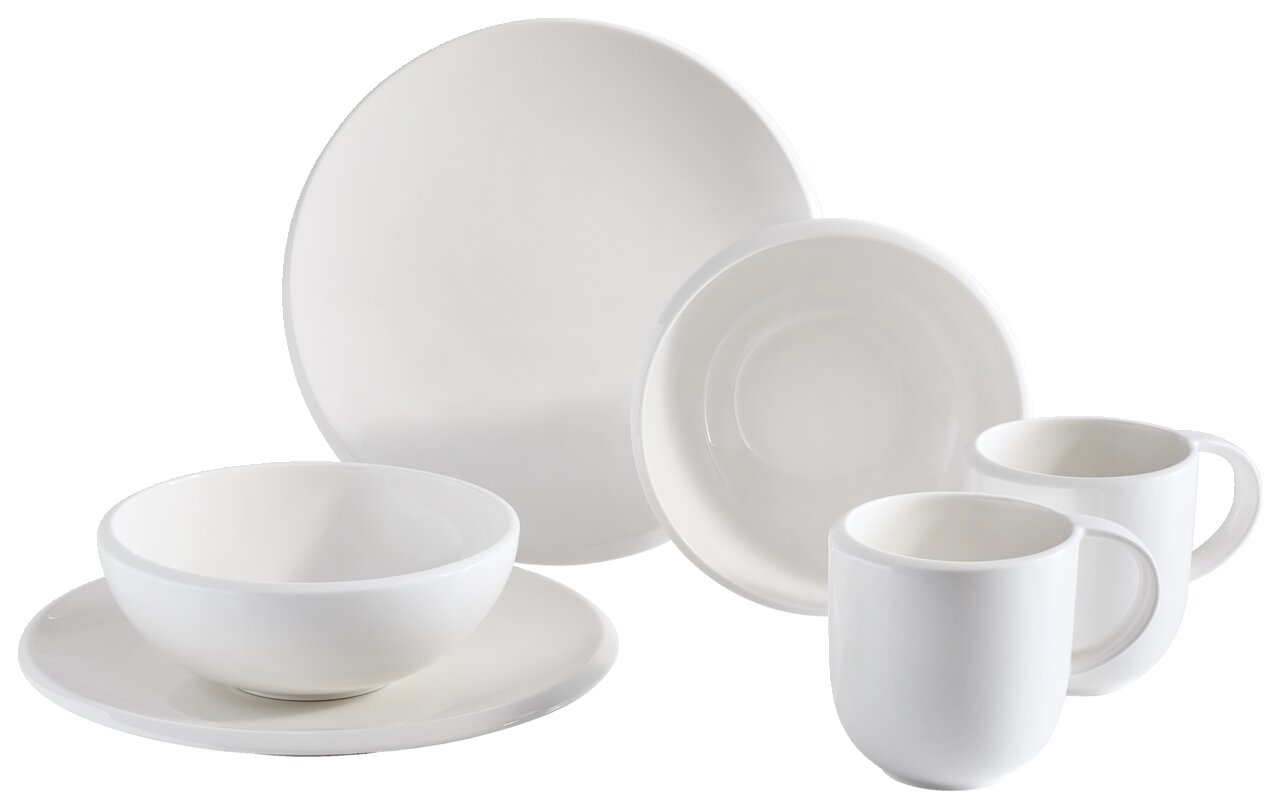 Weißes Frühstücks-Set, 6-teilig, bestehend aus zwei Tassen, zwei Tellern und zwei Schalen, seitliche Perspektive