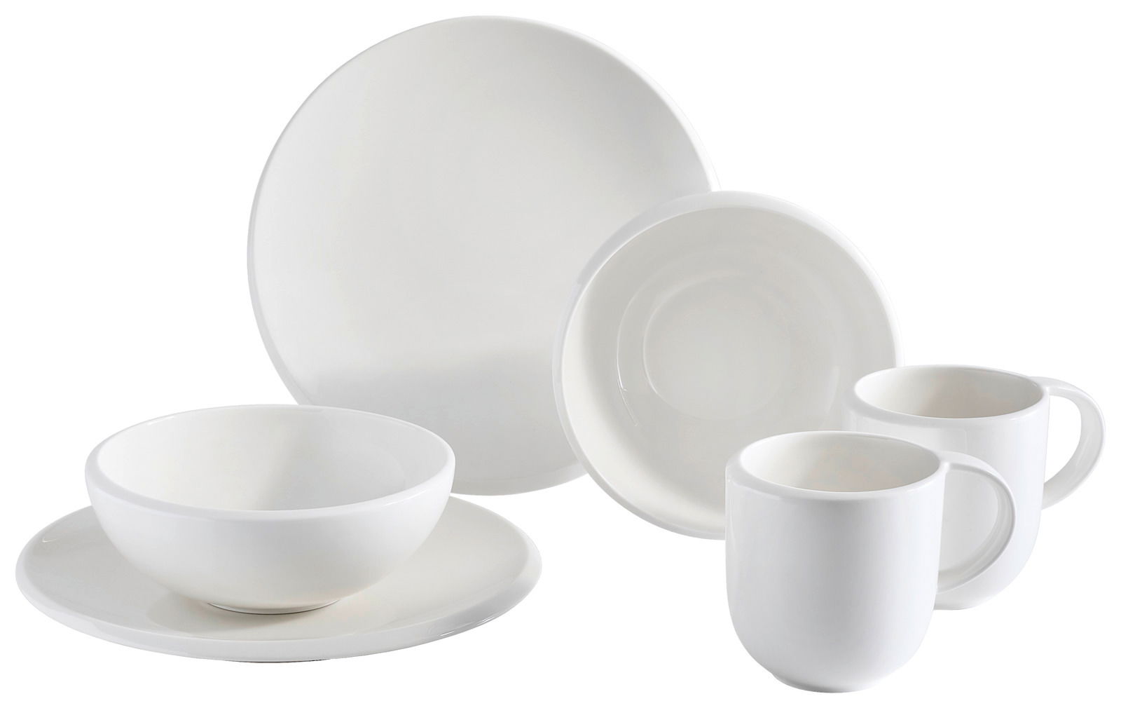 Weißes Frühstücks-Set, 6-teilig, bestehend aus zwei Tassen, zwei Tellern und zwei Schalen, seitliche Perspektive