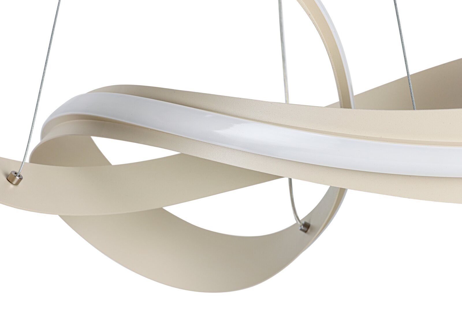 Moderne LED-hanglamp met een gebogen vormgeving, zijaanzicht