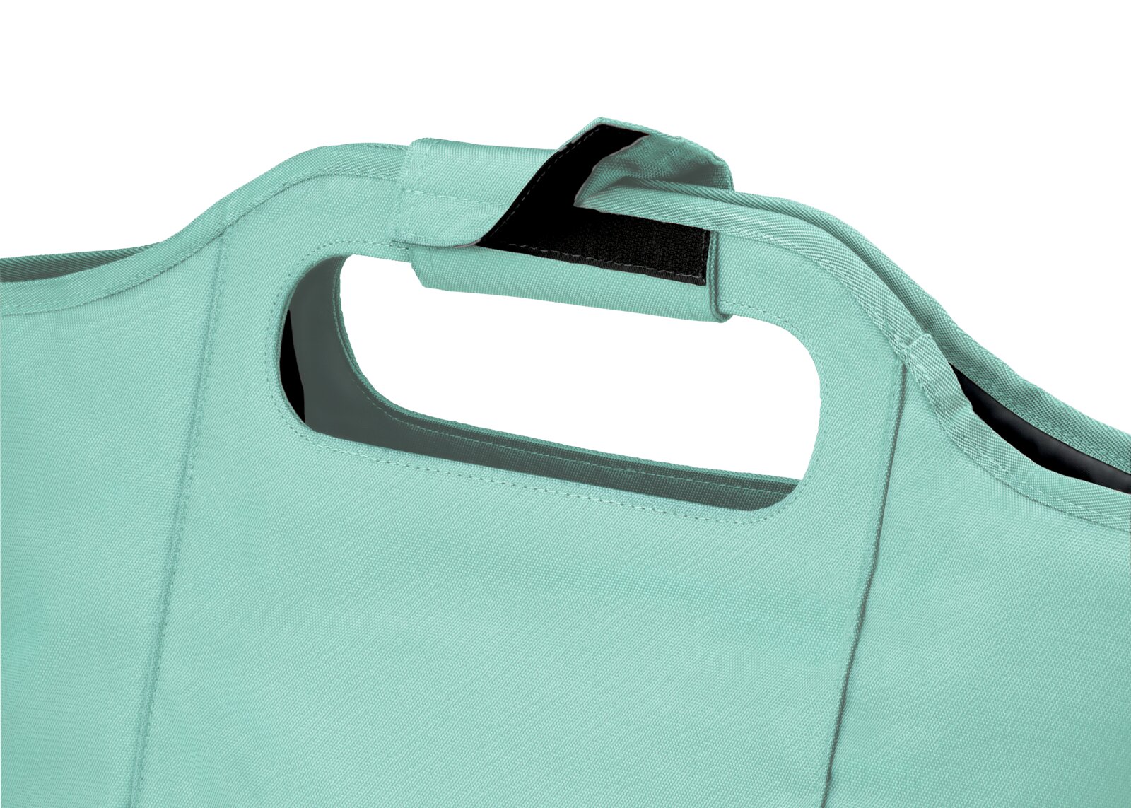 Nahaufnahme einer mintgrünen Iso-Tasche mit Tragegriff und Klettverschluss.