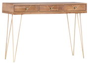 Konsolentisch aus Holz mit drei Schubladen und goldenen, schlanken Beinen, Frontalansicht.