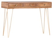 Konsolentisch aus Holz mit drei Schubladen und goldenen, schlanken Beinen, Frontalansicht.