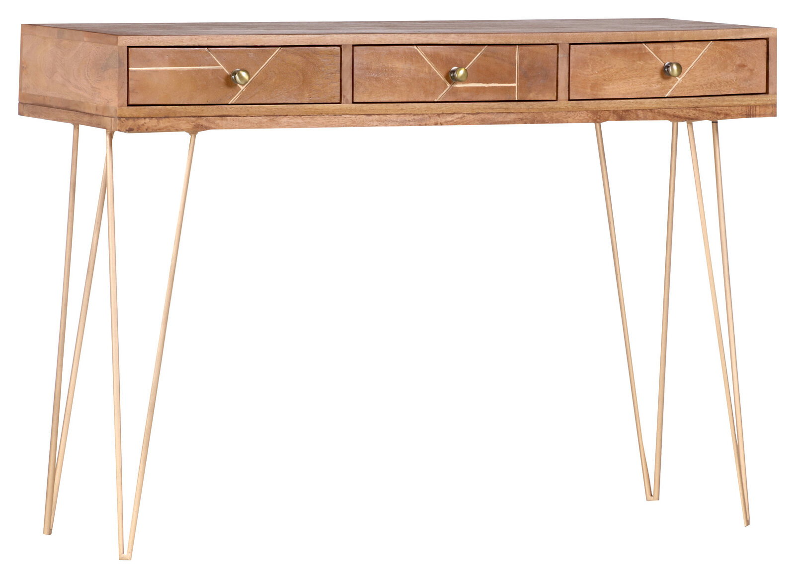 Konsolentisch aus Holz mit drei Schubladen und goldenen, schlanken Beinen, Frontalansicht.