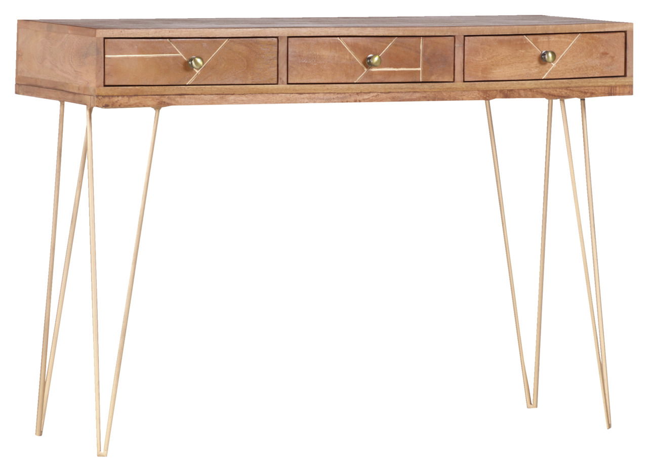 Konsolentisch aus Holz mit drei Schubladen und goldenen, schlanken Beinen, Frontalansicht.