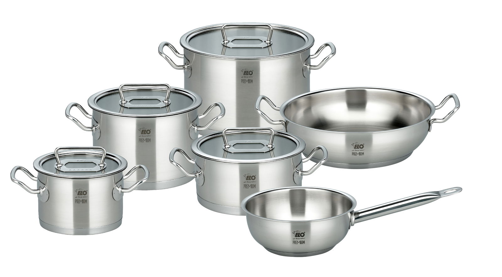 Sechsteiliges Topfset Gourmet Plus aus Edelstahl, bestehend aus verschiedenen Töpfen und Pfannen mit Deckeln, in einer leicht erhöhten Perspektive fotografiert.