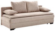 Beige functionele bank met twee grote rugkussens en twee armleuningkussens, zijaanzicht