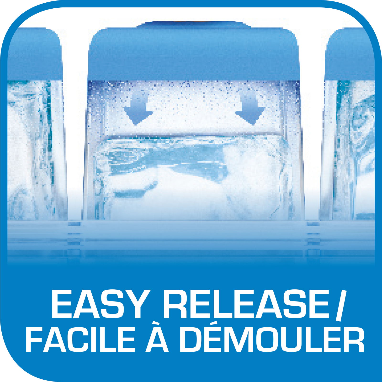 Nahaufnahme einer Eiswürfelform mit blauen Deckeln, die das einfache Herauslösen der Eiswürfel zeigt, Vorderansicht.