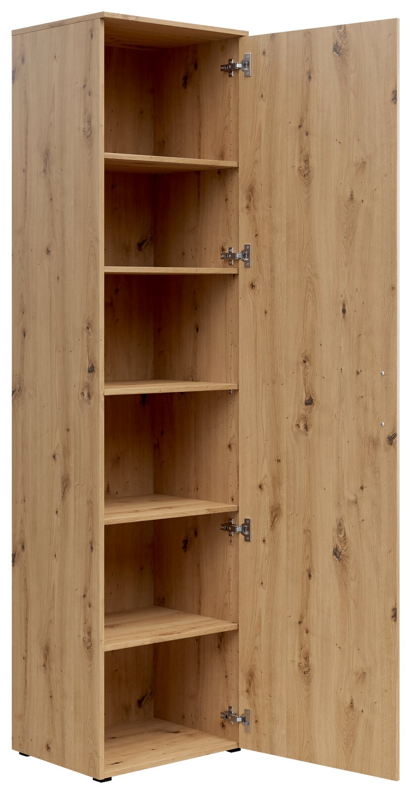 Mehrzweckschrank aus Holz mit geöffneter Tür, zeigt mehrere Regalböden, Perspektive von vorne.