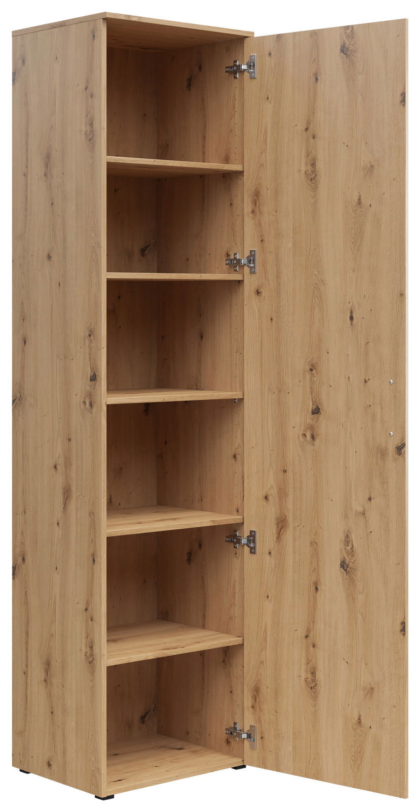 Mehrzweckschrank aus Holz mit geöffneter Tür, zeigt mehrere Regalböden, Perspektive von vorne.