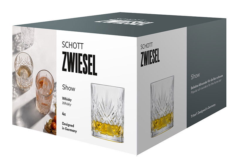 SCHOTT ZWIESEL Whiskyglas-Set 4-tlg SHOW Verpackung des Schott Zwiesel Whiskyglas Show 4er Sets, mit einem Bild von gefüllten Gläsern aus der Seitenperspektive.