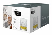 Verpackung des Schott Zwiesel Whiskyglas Show 4er Sets, mit einem Bild von gefüllten Gläsern aus der Seitenperspektive.