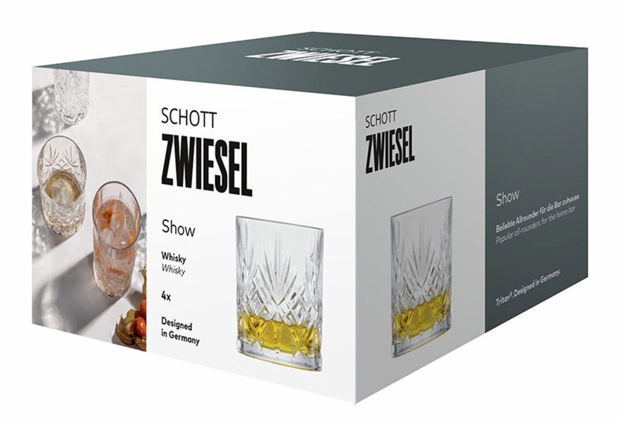 Verpackung des Schott Zwiesel Whiskyglas Show 4er Sets, mit einem Bild von gefüllten Gläsern aus der Seitenperspektive.