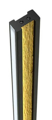 Detailansicht der LED-Stehleuchte HELOISE mit schwarzem Rahmen und goldener Textur, seitliche Perspektive