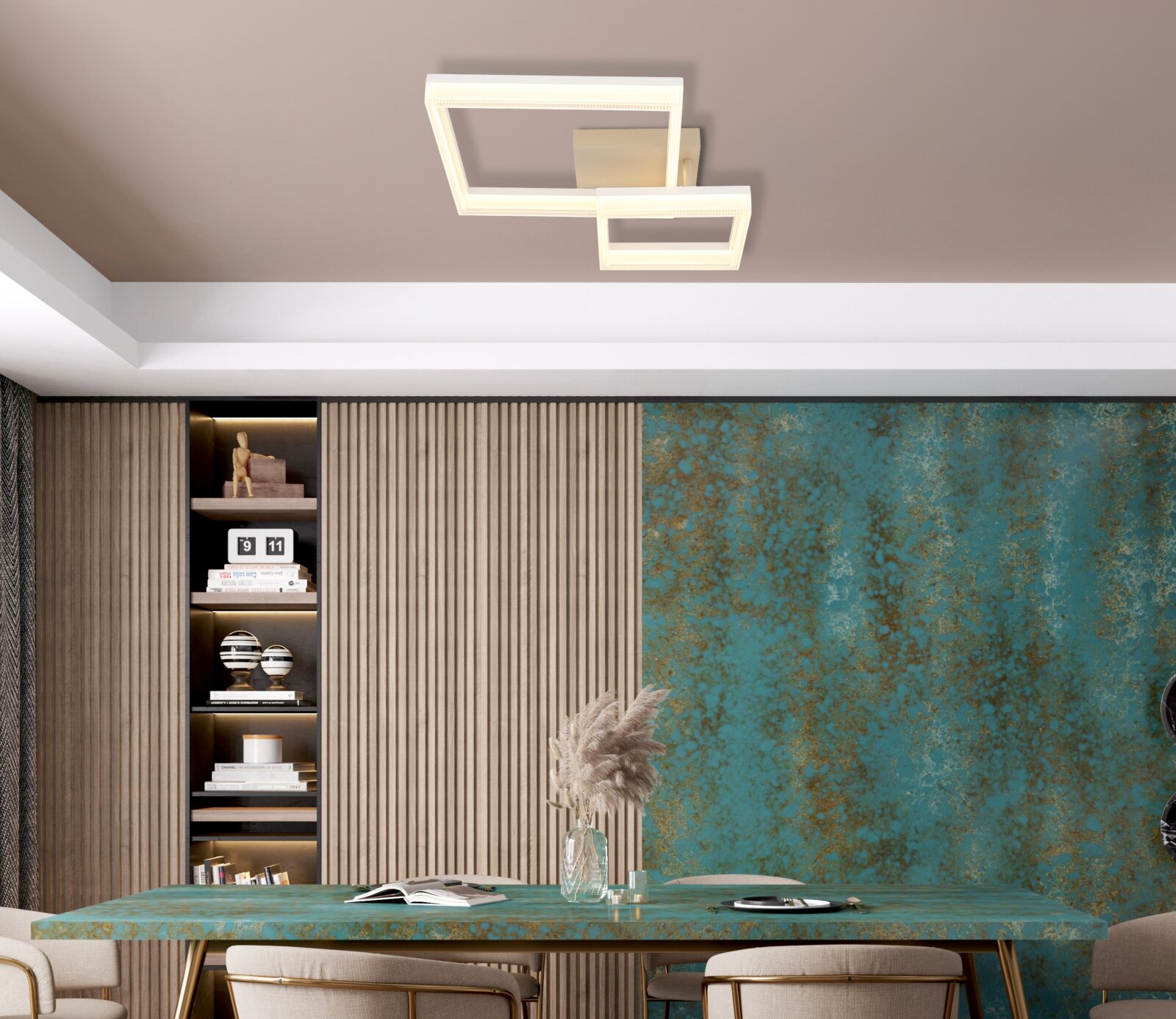 Moderne led-plafondlamp met een geometrisch ontwerp, gezien van onderaf, in een stijlvolle ruimte met een houten wand en een turquoise tafel.