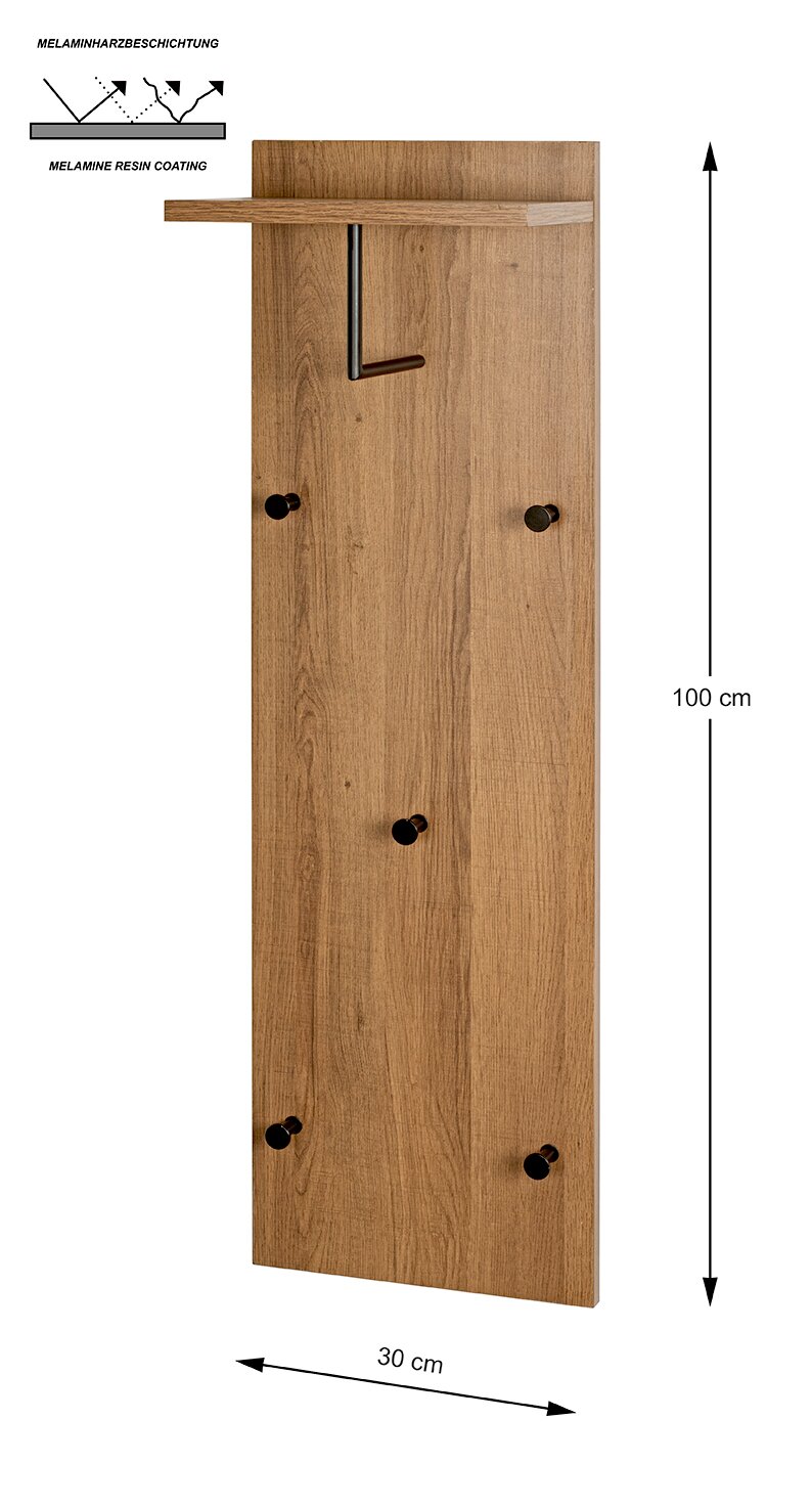 Frontansicht einer schmalen Wandgarderobe/Flurgarderobe in Holzoptik mit Melaminharzbeschichtung, oberer Ablage und fünf schwarzen Haken; Maße ca. 100 x 30 cm