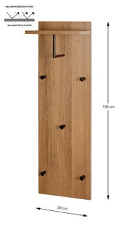Frontansicht einer schmalen Wandgarderobe/Flurgarderobe in Holzoptik mit Melaminharzbeschichtung, oberer Ablage und fünf schwarzen Haken; Maße ca. 100 x 30 cm