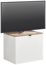 TV-Lowboard in Weiß mit Holzoberfläche, frontal betrachtet, mit einem großen Flachbildfernseher darauf.