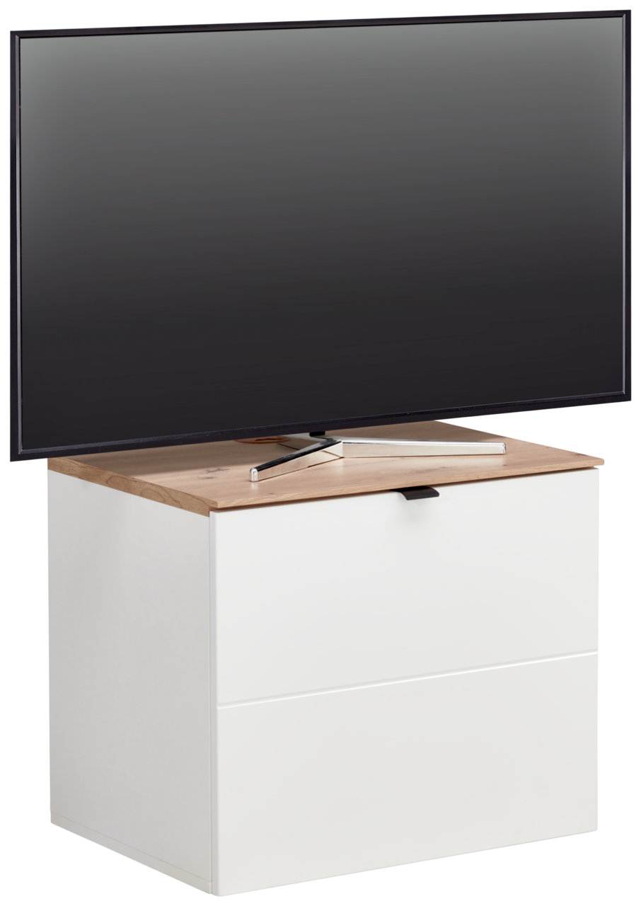 TV-Lowboard in Weiß mit Holzoberfläche, frontal betrachtet, mit einem großen Flachbildfernseher darauf.