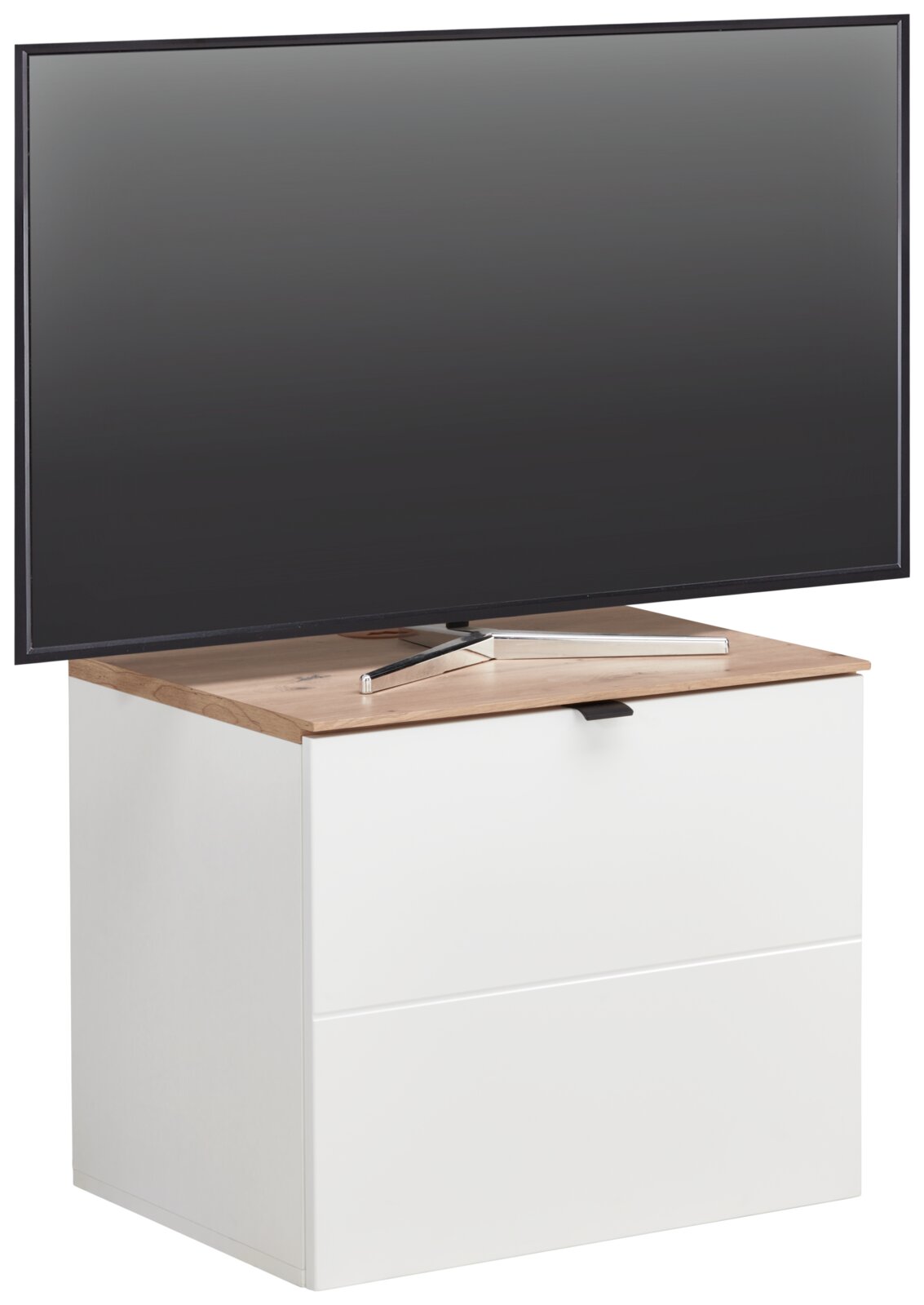 Hom´in TV-Lowboard DIANA TV-Lowboard in Weiß mit Holzoberfläche, frontal betrachtet, mit einem großen Flachbildfernseher darauf.