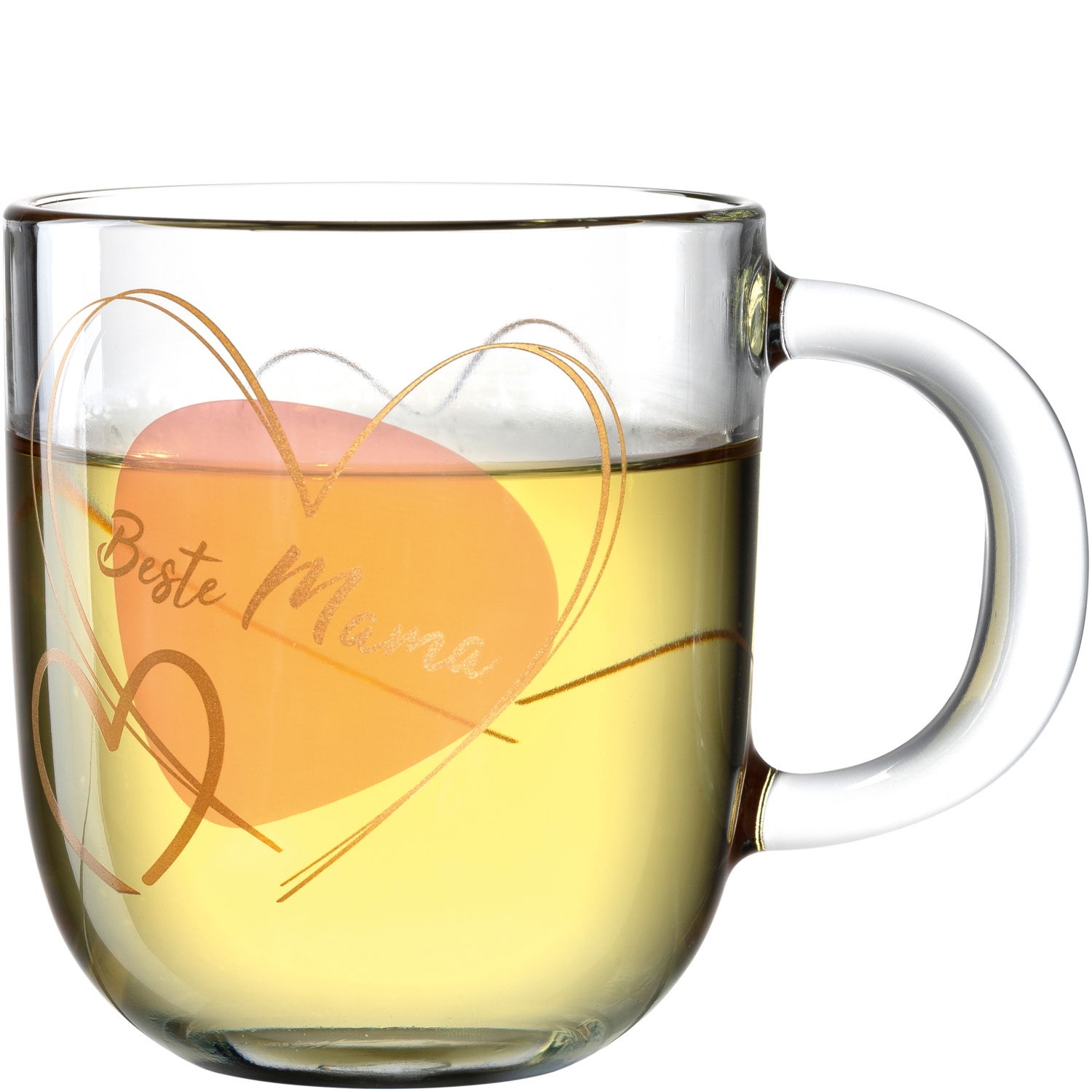 Glas-Tasse mit der Aufschrift 'Beste Mama' und Herzmotiv, seitliche Perspektive